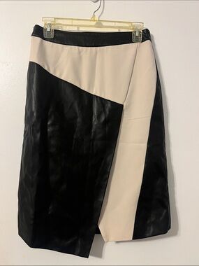 MOTF Black and Cream Asymmetrical Faux Leather Wrap Skirt
